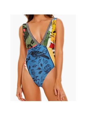 NWOT Aguabendita Blue Multi-color Floral Tulipa Tout Print One-Piece Swimsuit L